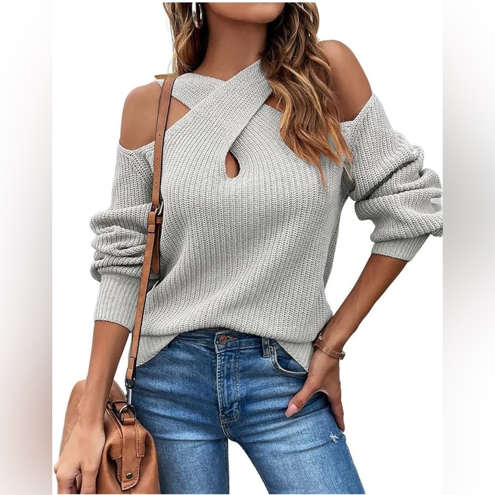 Gray Off-the-Shoulder Keyhole Sweater